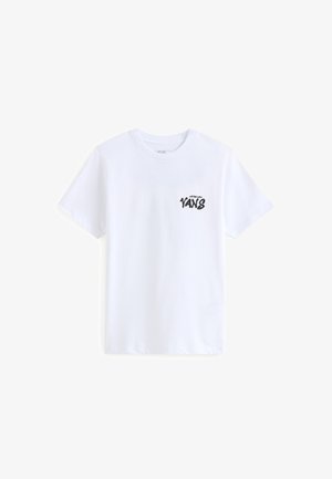Weißes T-Shirt aus Baumwolle mit Rundhalsausschnitt, kurzen Ärmeln und einem schwarzen Grafiklogo „VANS“ auf der linken Brustseite. Glatte Textur.