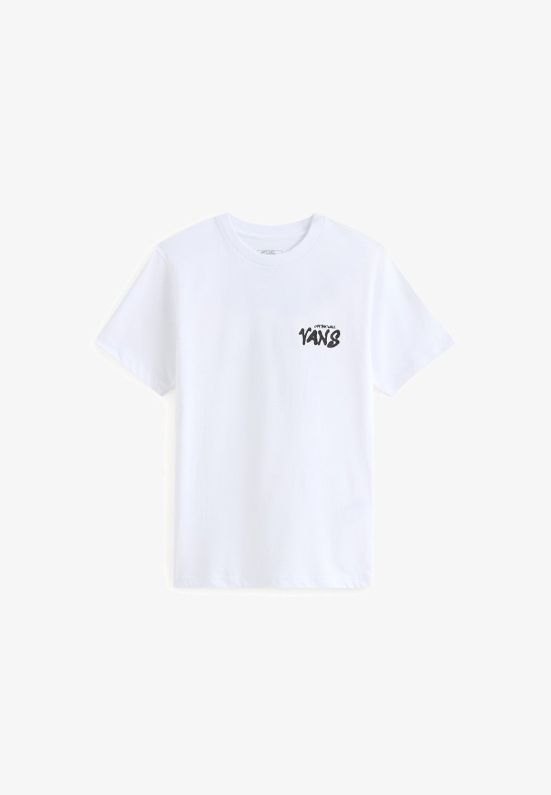 T-shirt en coton blanc avec un col rond, des manches courtes et un logo graphique noir "VANS" sur la partie gauche de la poitrine. Texture lisse.