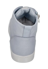 Light blue faux leather ankle boots with a padded collar, zipper closure on the side, and a white rubber sole. Rounded toe design.