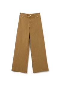 Pantalones de pierna ancha en denim de algodón caqui. Cuenta con un diseño de cinco bolsillos, cierres de metal y un sutil detalle de costura a lo largo de las costuras.