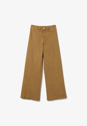 Weite Hosen aus khakifarbenem Baumwoll-Denim. Merkmale sind ein Fünf-Taschen-Design, Metallverschlüsse und dezente Stichdetails entlang der Nähte.