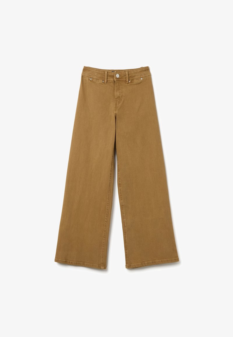Pantaloni larghi in denim di cotone khaki. Presentano un design a cinque tasche, con chiusure in metallo e un delicato dettaglio di cucitura lungo le cuciture.