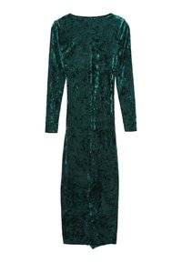 Abito a maniche lunghe in velluto verde scuro, con scollatura rotonda, silhouette elegante e texture liscia con motivi sottili.