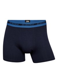 Mørkeblå boxershorts lavet af blødt stof med et blåt elastisk taljebånd, der viser "JBS UNDERWEAR"-logoet i kontrasterende sort tekst.