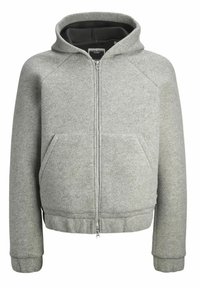 Grauer Fleece-Trainingspullover mit Frontreißverschluss, Kordelzugkapuze und seitlichen Taschen. Mit Raglanärmeln und geripptem Saum sowie Bündchen.