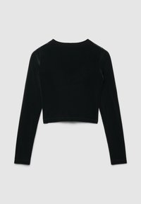 Top corto a maniche lunghe nero in morbido velluto, con scollo arrotondato e cuciture dettagliate lungo le cuciture.