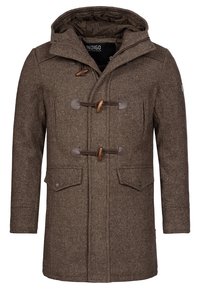 Brun uldblandingsjakke med hætte, togglespænder, to frontlommer og tekstureret stof. Foret indvendigt i en kontrastfarve.