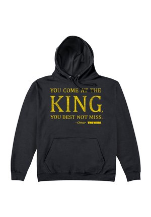 Czarny sweatshirt z kieszenią typu kangur, z wyrazistym żółtym napisem: "JEŻELI ATAKUJESZ KRÓLA, LEpiej TRAF. " -Omar Z DOKUMENTU.