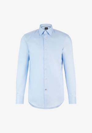 Lys blå langermet skjorte med knapper og spiss krage, enkelt brystlomme og hvite knapper. Glatt stoff, skreddersydd passform.