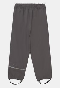 Wodoodporne szare spodnie przeciwdeszczowe z elastycznym pasem, odblaskowym paskiem i regulacją przy kostkach. Miękka, gładka faktura na całej powierzchni.