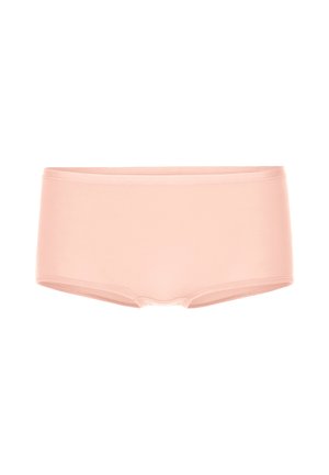 Lichtroze boyshort ondergoed gemaakt van soepel stof met een platte tailleband, met een eenvoudig ontwerp en geen zichtbare patronen of accenten.