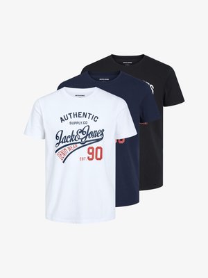 Three t-shirts in white, navy, and black, featuring cotton material, short sleeves, round necklines, and various graphic prints.