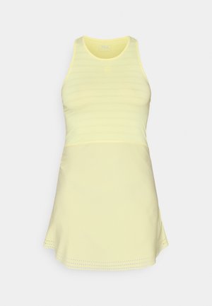 Light yellow sports dress with a fitted top and flared skirt, featuring a textured pattern and a logo on the chest area.
