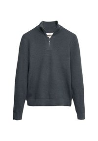 Grau gestrickter Pullover mit hohem Kragen und kurzem Reißverschluss. Besitzt eine gerippte Textur sowie einen taillierten Saum und Ärmelbündchen. Minimalistisches Design.