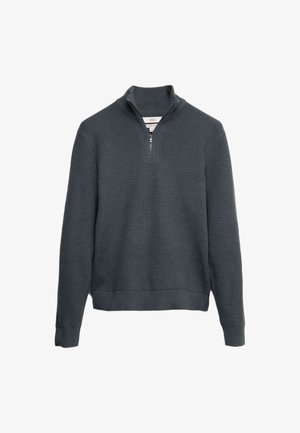 Grijze gebreide pullover met een hoge kraag en een korte rits. Heeft een ribbeltextuur en een aansluitende zoom en manchetten. Minimalistisch ontwerp.