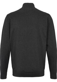 Maglione pullover grigio scuro con colletto alto, maniche lunghe e una texture liscia e leggera. Nessun logo o motivo visibile.