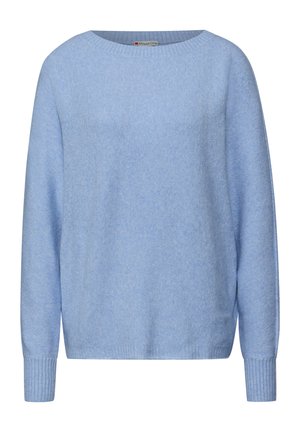 Vaaleansininen pitkähihainen neulepusero, jossa on resorit hihansuissa ja helmassa, pyöreä pääntie ja rento istuvuus.