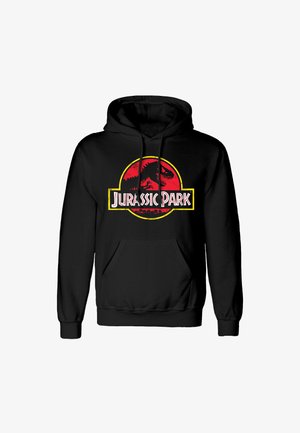 Czarna bluza z kapturem z mieszanki bawełny, z dużym czerwono-żółtym logo Jurassic Park z sylwetką dinozaura z przodu.