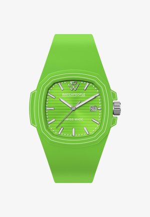 Zelena silikonska ura z osemkotno ohišje, teksturirano zeleno številčnico, srebrni kazalci in prikaz datuma. Vsebuje besedilo "WATCHPEOPLE" in "SWISS MADE".