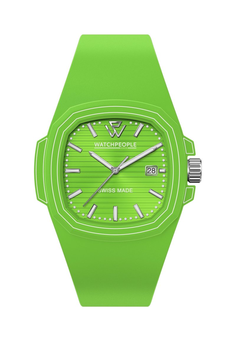 Reloj de silicona verde con caja octagonal, esfera texturizada verde, marcadores de hora plateados y pantalla de fecha. Presenta el texto "WATCHPEOPLE" y "SWISS MADE".