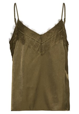 Camisola de satén verde oliva con encaje en el borde del escote y finas tirantes ajustables.