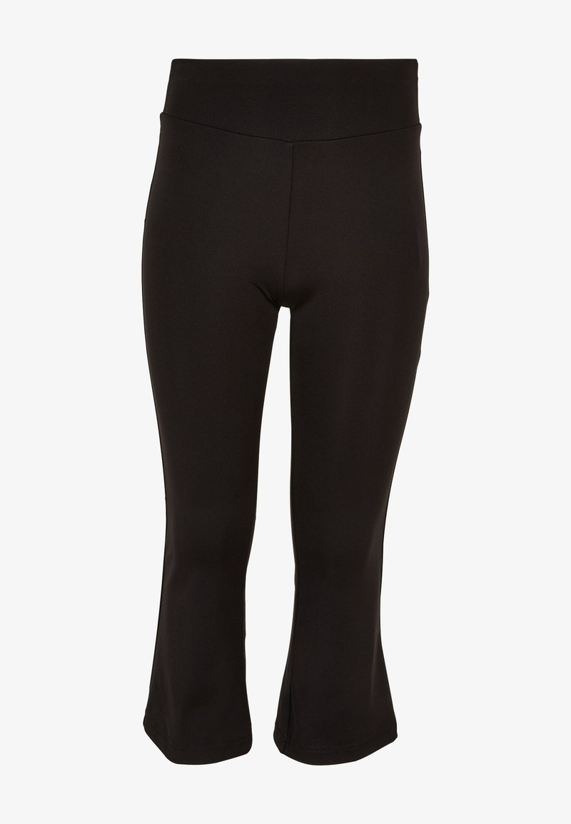 Zwarte, rekbare leggings met een aansluitende taille en een flared onderkant. Glad oppervlak, ontworpen voor comfort en flexibiliteit in beweging.