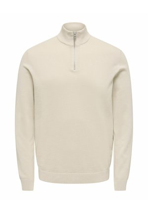 Pull beige clair à manches longues avec col montant et zip court à l'avant. Poignets et taille côtelés.