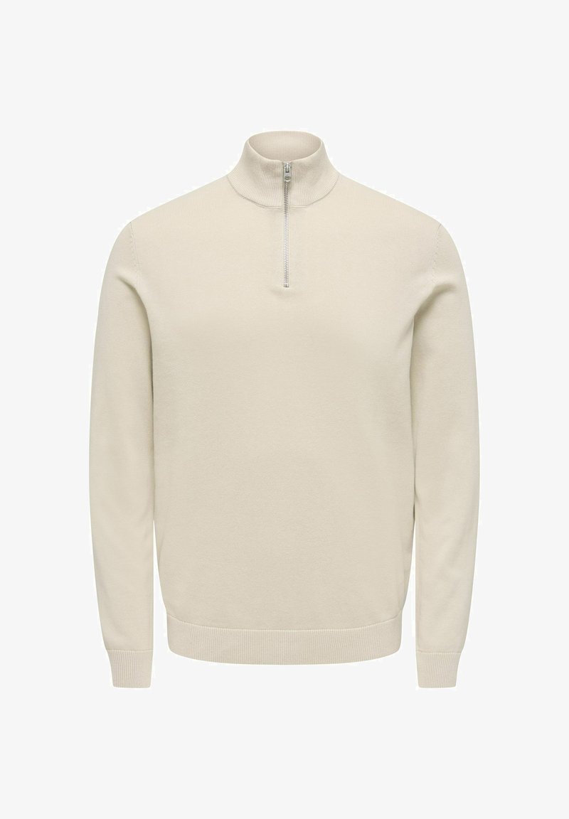 Pull beige clair à manches longues avec col montant et zip court à l'avant. Poignets et taille côtelés.