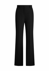 Pantaloni neri a gamba larga realizzati in un tessuto con una trama liscia. Presentano un design frontale piatto e una vestibilità sartoriale con passanti per la cintura.