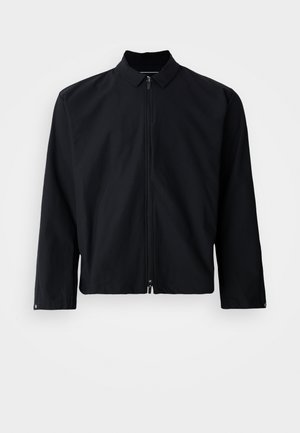 Black zip-up jacket with a collar, long sleeves, and a cropped design. Material appears smooth with no visible patterns or accents.