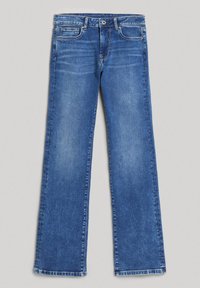 Ljusblå denimjeans, lös passform med rak ben. Femficksdesign med synlig söm och knappstängning i midjan.