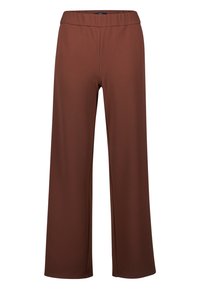 Pantalons larges marron en tissu doux et extensible avec une taille élastique, présentant une texture lisse et sans matériel visible.