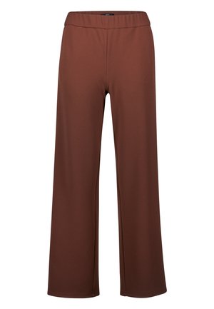 Brown wide-leg trousers made from soft, stretchy fabric with an elastic waistband, featuring a smooth texture and no visible hardware.