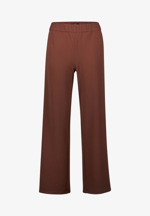 Braune weite Hosen aus weichem, dehnbarem Stoff mit einem elastischen Bund, die eine glatte Textur und keine sichtbaren Beschläge aufweisen.