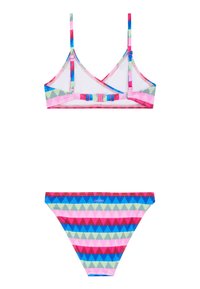Kleurrijk tweedelig bikini set met een driehoekige top en verstelbare bandjes. De stof toont een geometrisch patroon in roze, blauw, groen en paars.