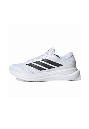 Chaussure de running Adidas blanche avec trois bandes noires, vue de côté sur un fond blanc uni.