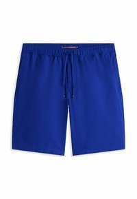 Pantaloni da bagno blu realizzati in tessuto leggero, dotati di una cintura elastica con cordino e tasche laterali. Texture liscia senza motivi.
