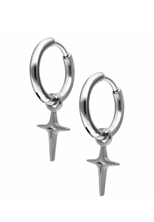 Silver hoop earrings with dangling star-shaped cross pendants, polished metal finish, displayed on a white background.