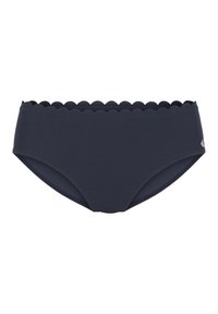 Jūros mėlynos spalvos bikini apatinė dalis su banguotu juosmeniu. Pagaminta iš lygaus audinio, turi klasikį kirpimą ir minimalistinį dizainą be papildomų raštų.