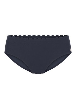Marineblauwe bikini onderkant met een geschulpte tailleband. Gemaakt van een gladde stof, heeft een klassieke snit en een minimalistisch ontwerp zonder extra patronen.
