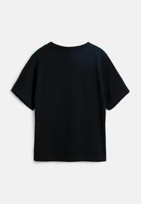 Black cotton t-shirt with short sleeves, crew neck, and contrasting colored accents on the shoulders. Smooth texture and relaxed fit.