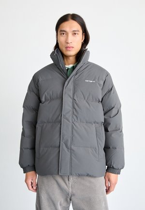 Gray puffer jacket with a high collar, front snap closure, elastic cuffs, and two large front pockets. Features a subtle brand logo.