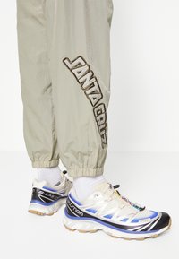 Světle šedé tepláky s výšivkou "SANTA CRUZ" a elastickými manžetami, doplněné o vícebarevné běžecké boty Salomon S-LAB s prodyšnými detaily.