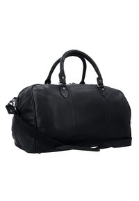 Borsa da viaggio in pelle nera con doppi manici, tracolla regolabile e chiusura a zip. Presenta una texture liscia e sottili dettagli di cucitura.