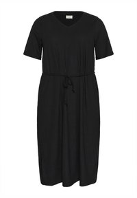 Black short-sleeve dress with a V-neck, drawstring waist, and side slits. Made of textured fabric for comfort.