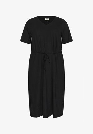 Juodas trumpas suknelė su V formos iškirpte, raišteliu juosmenyje ir šoninėmis įpjovomis. Pagaminta iš tekstūruoto audinio, užtikrinančio komfortą.