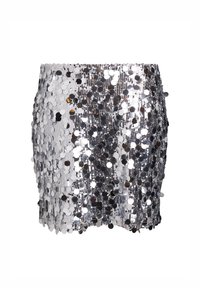Zilveren pailletten mini-rok met een aansluitende pasvorm en een golvende zoom, gemaakt van een lichtgewicht stof met reflecterende ronde pailletten.
