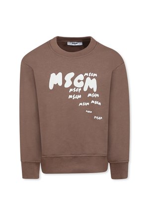 Brązowy sweter z okrągłym dekoltem i długimi rękawami. Na przodzie znajduje się biały napis „MSGM” w różnych rozmiarach i orientacjach.