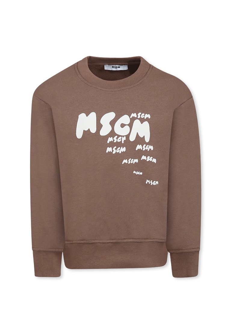 Felpa marrone con colletto girocollo e maniche lunghe. Presenta il testo bianco "MSGM" in diverse dimensioni e orientamenti sulla parte anteriore.