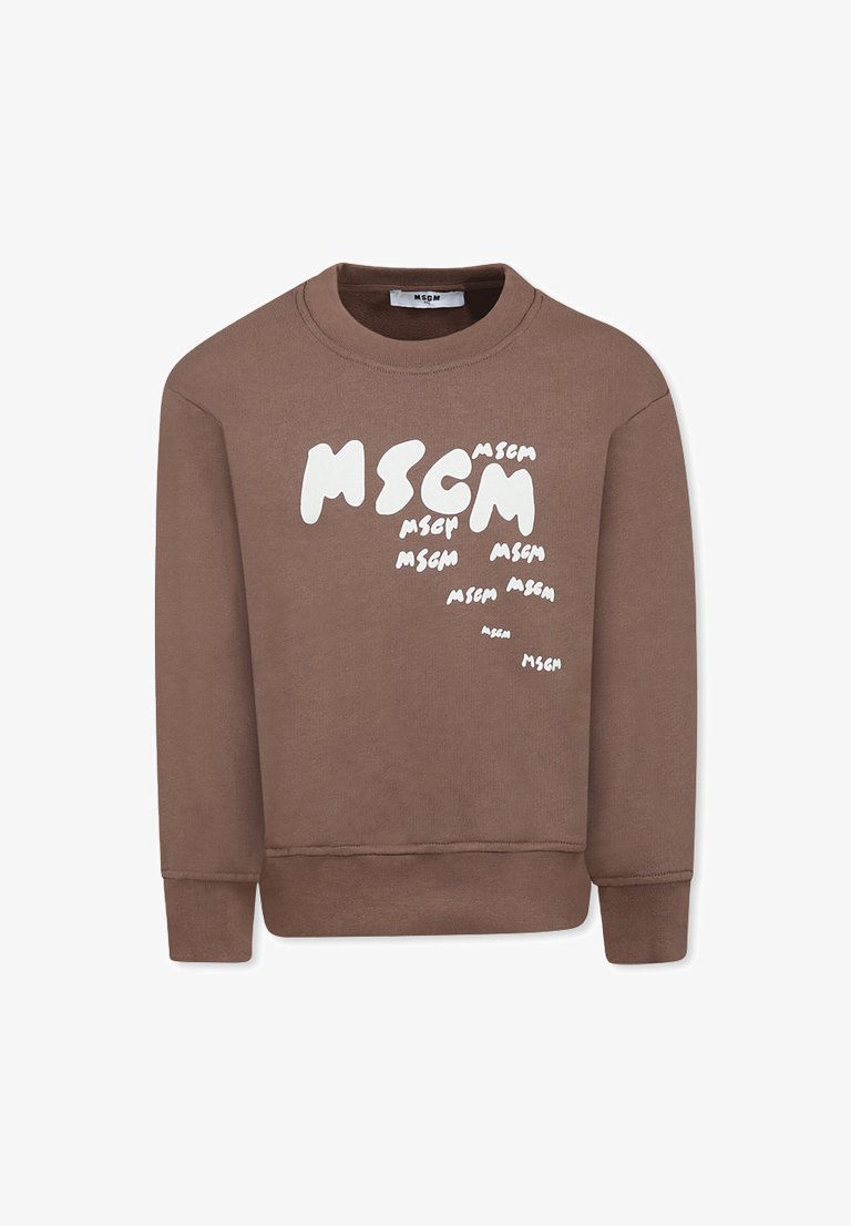 Sweatshirt marron avec un col rond et des manches longues. Présente le texte "MSGM" en blanc dans des tailles et orientations variées sur le devant.